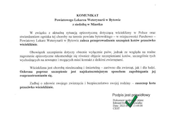 Komunikat w sprawie wścieklizny