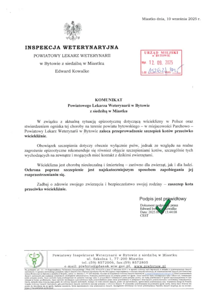 komunikat w sprawie wścieklizny